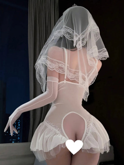 White Bridal Crotchless Cosplay Lingerie