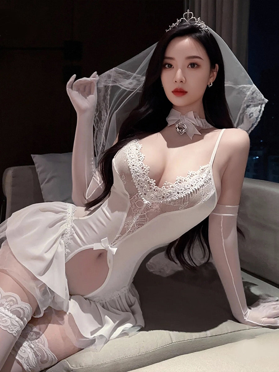 White Bridal Crotchless Cosplay Lingerie