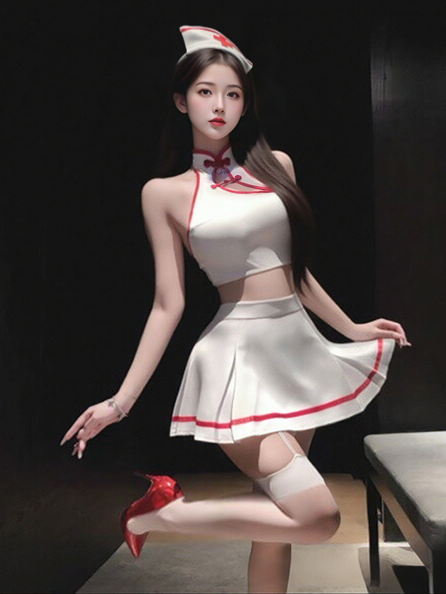 White Cheongsam-Style Nurse Cosplay Set