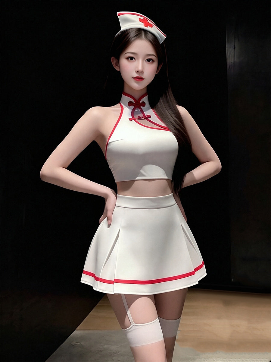 Chinese Style Nurse Cosplay Lingerie Set Two Piece Halter Top and Mini Skirt