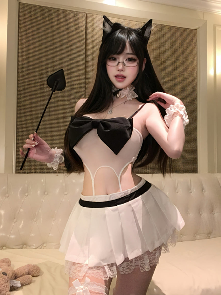 Sexy Neko Cat Girl Cosplay Set White Mesh Bodysuit and Pleated Mini Skirt with Cat Ear Headband 