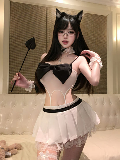 Sexy Neko Cat Girl Cosplay Set White Mesh Bodysuit and Pleated Mini Skirt with Cat Ear Headband 