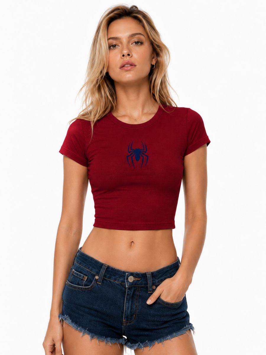 Women's Spider Graphic Crop Top Y2K Spiderman Short Sleeve Baby Tee
