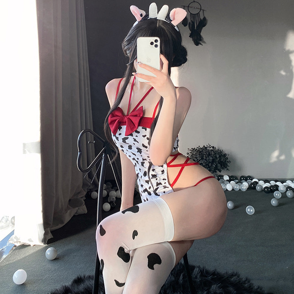 Yomorio Anime Cow Costume Kawaii Cow Print Cosplay Outfit High Cut Onepiece Bodysuit