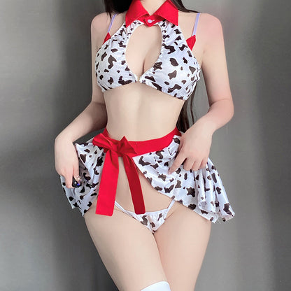 Yomorio Cow Cosplay Costumes Anime Cow Print Lingerie Halter Crop Top and Mini Skirt Set