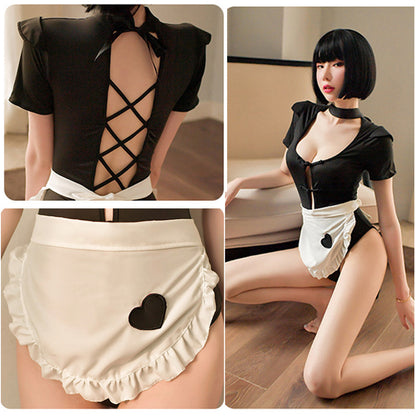 Yomorio Maid Lingerie Sexy Maid Outfit 2 Piece Black Snap Crotch Bodysuit Stripperwear and Maid Apron