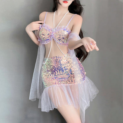 Yomorio Sexy Mermaid Lingerie Set Sequins Mermaid Cosplay Outfit Adult Halloween Costume