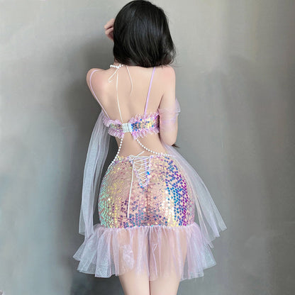 Yomorio Sexy Mermaid Lingerie Set Sequins Mermaid Cosplay Outfit Adult Halloween Costume